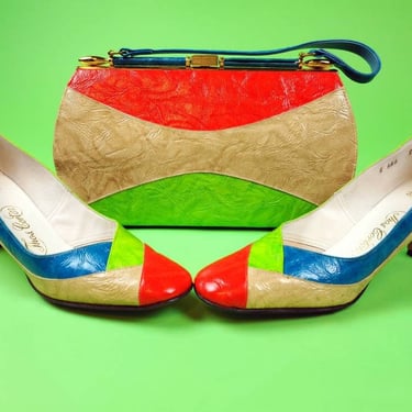Vintage 60s colorblock shoes & matching purse set. Red, green, blue. Mod mod mod! (Size 8 narrow) 