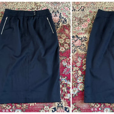 Vintage ‘80s Hatve’ Benard by Benard Holtzman black wool pencil skirt | midi skirt with silver zippers, S 