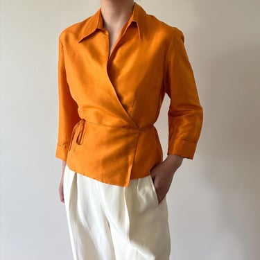 vintage silk blouse silk shirt orange satin metallic silk top minimalist style tie waist wrap surplice top capsule wardrobe size S/M 