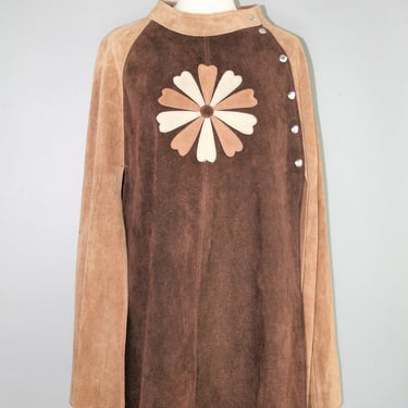 Flower Child - 1970s Leather Poncho - Hippie Girl - Cochella - Festival - Bohemian - Boho - Color Blocked -  One Size 