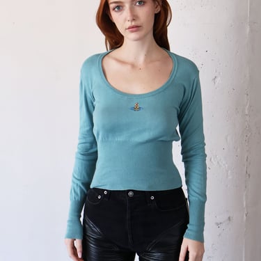 Vintage VIVIENNE WESTWOOD Y2K Blue Color Orb Knit Top with Ribbed Knit S M L 2000s Red Label Teal Turquoise 