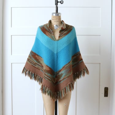 hand knit wool poncho • desert turquoise & brown fringed heavy wool handmade sweater cape 