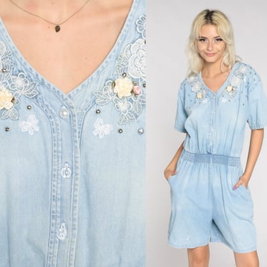 90s Denim Romper Studded Floral Lace Jean Shorts Wide Leg One Piece Playsuit Vintage 80s Faded Blue Short Sleeve Button Up Medium Large 