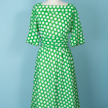 Beautiful 1960s Shannon Rodgers for Jerry Silverman Green/White Polka Dot Trapeze Dress with Matching Scarf/Belt (M/L)) 