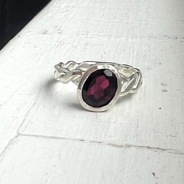 Sterling Silver Garnet Ring Braided Band Chunky Ring 