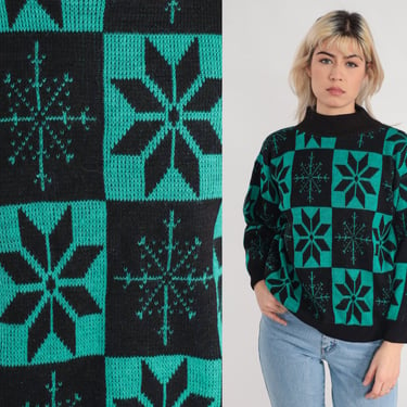 Snowflake Sweater 80s 90s Knit Pullover Sweater Black Green Checkered Print Mock Neck Jumper Fair Isle Geometric Acrylic 1980s Vintage Small 