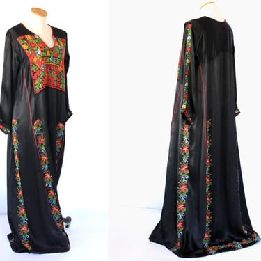 Antique Palestinian Hand Embroidered Traditional Thobe - 1920s - 1930s Heavy Black Satin Full Length Formal Thoub - Large 