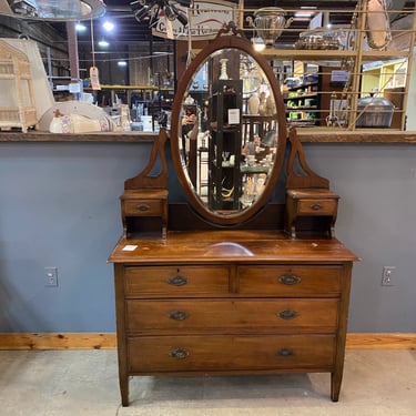 Vintage Wooden Dresser with Oval Mirror