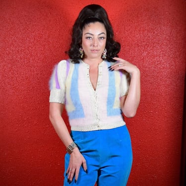 1970s Angora Stripe Cardigan Short Sleeved 