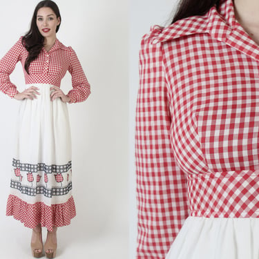 Candi Jones 70s Cottagecore Dress, Red White Americana Gingham Checker Print, Embroidered Rose Floral Skirt 