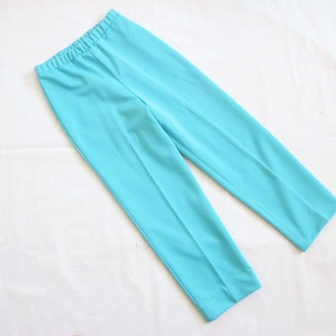 Vintage 80s Turquoise Blue Elastic Waist Pants S - High Waisted Aqua  Polyester Trousers 