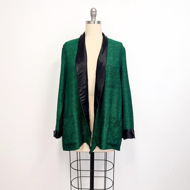 Vintage 50s Smoking Jacket | Emerald Green Brocade with Black Satin Lapel and Pockets | No Belt 