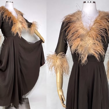 Vintage 60s-70s Brown Chiffon Palazzo Jumpsuit w Feather Trim by Giorgio Beverly Hills XS | Elegant, Extra Wide Leg Pant, Designer, Dress 