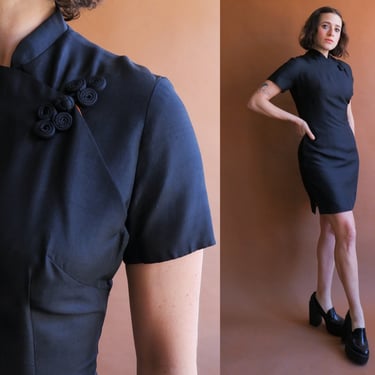 Vintage 50s Black Silk Mini Dress with Frog Closure/ Size Small 25 