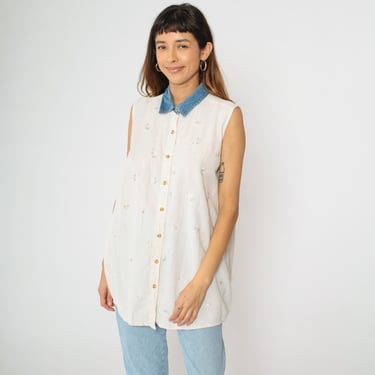 Vintage Floral Maternity Shirt White Embroidered Blue Denim Collar Blouse Button Up Tank Top 90s Grunge Sleeveless Large L 