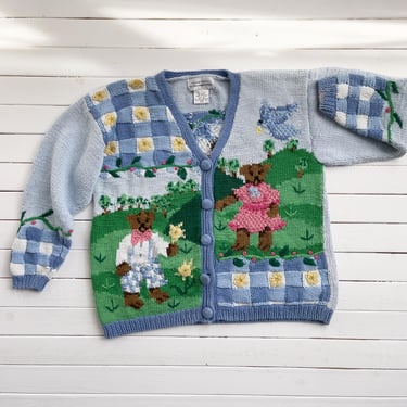 cute cottagecore sweater 90s vintage Alexandra Bartlett pastel blue teddy bear hand knit cardigan 