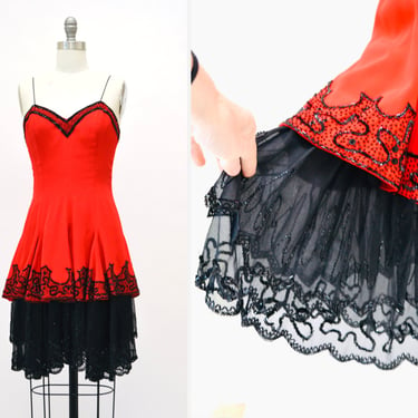 STUNNING 80s 90s Vintage Beaded Red and Black Dress by FABRICE New York Couture Beaded Red Silk Lace Dress XS Small 