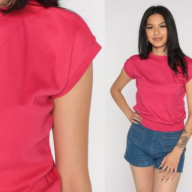 Hot Pink Shirt 80s Slouchy Shirt Banded Hem Cap Sleeve Top Retro Solid Blank Plain Basic T-Shirt Casual Athleisure Tee Vintage 1980s Small S 