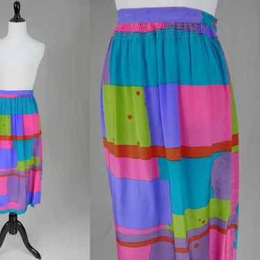 80s Silk Skirt - Color Block Pink Purple Teal Green Red - J. Tiktiner Made in France - Vintage 1980s - 32