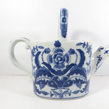 Vintage Chinoiserie Blue White Ceramic Watering Can Pitcher 