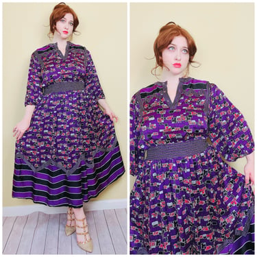 1980s Vintage Purple Silk Diane Freis Smocked Waist Dress / 80s Balloon Sleeve Fit and Flare Peasant Dress / Large - XL 