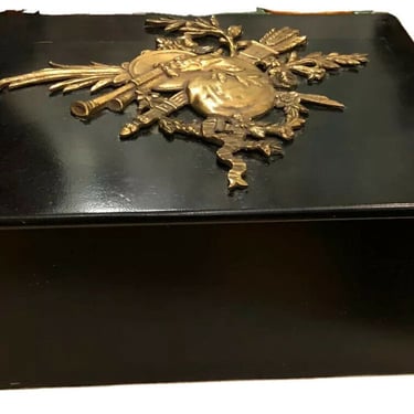 Rare Antique Louis Phillipe Dire Bronze Mounted Black Lacquer Box w/ Bagpipes 