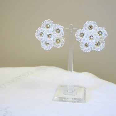 1950s Large Coro White Plastic and Rhinestone Flower Clip Earrings 