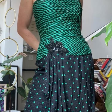 VTG 80s A.J. Bari Silk Polka Dot/Stripe Dress 