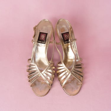 Vintage 1970s Anne Klein Gold Strappy Heeled Sandals 7.5M 