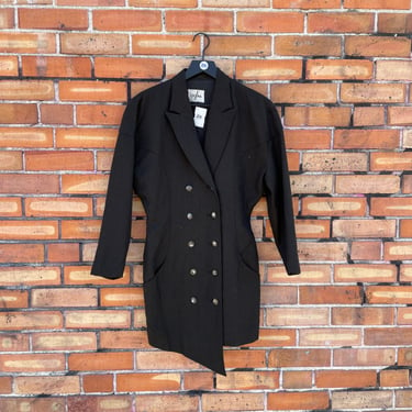 vintage 80s black green brown wool asymmetric blazer dress / s small 