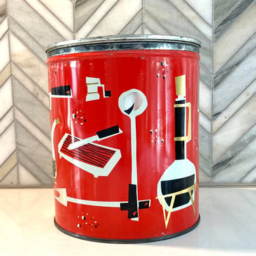 Mid Century Coffee Can Tin, Decorative,Red, Gold, Black Can featuring Knives, Carafe, Cassoerole Design, Vintage, MCM Kitchen Canister 