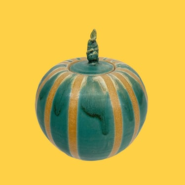 Vintage Pumpkin Bowl with Lid Retro 2000s Bohemian + Handmade + Green + Brown + Ceramic + Halloween + Fall Decor + Autumn Style + Storage 