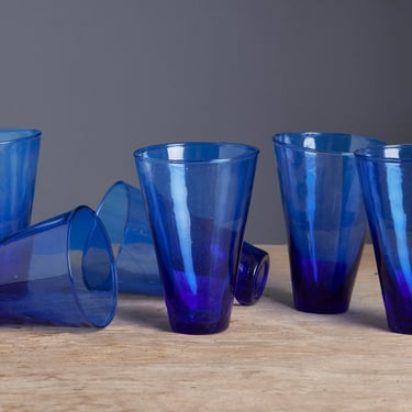 Set of 6 Hand Blown Blue Colored Funnel Shaped Water Glass