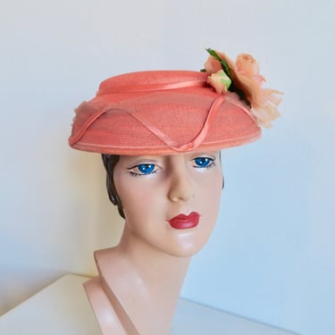 Vintage 1950's Coral Orange Fine Straw Mushroom Hat Silk Rose Ribbon Trim Rockabilly 50's Millinery 