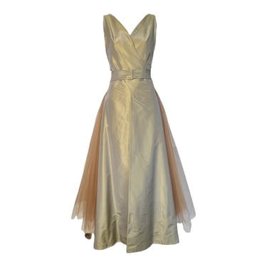 Sybilla Noche 1990s Gold Taffeta + Pink Tulle Two Piece Gown