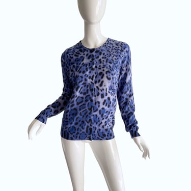 Vintage Bloomingdale’s Cashmere leopard Cardigan / 90s animal print sweater / Blue cashmere cardigan Large 