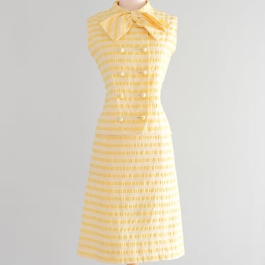 Cutest 1960's Pastel Yellow Striped Shift with Bow Tie Top / Sz M