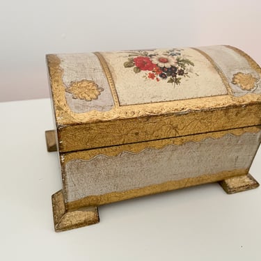 Vintage Italian jewelry box, cream & gold with decoupage flowers, tarot card box, altar, made in Italy 