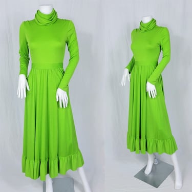 1970's Lime Green Long Poly Maxi Prairie Dress I Sz Sm 