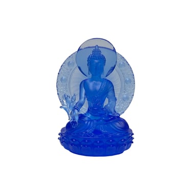 Blue Crystal Glass Lotus Cross Leg Sitting Amitabha Shakyamuni Buddha ws3657E 