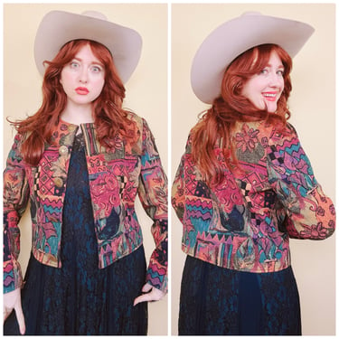1990s Painted Pony Floral Design Cropped Jacket / 90s Tapestry Cotton Blend Colorful Coat / Size Medium 