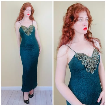 1980s Vintage Frederick's Of Hollywood Forest Green Maxi Gown / 80s Gold Sequin Applique Green Lace Dress / Size Small 