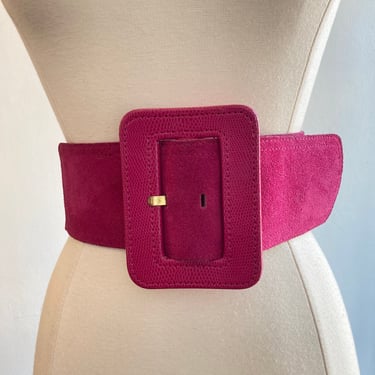 80s Vintage WIDE Leather Statement Belt / HUGE Buckle / Hot Pink Fuchsia / The Limited 