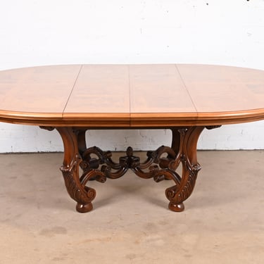 Henredon Italian Provincial Carved Walnut and Burl Wood Pedestal Dining Table, Newly Refinished