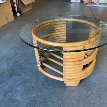 Restored Stacked Rattan Round Coffee Table with Glass Top 