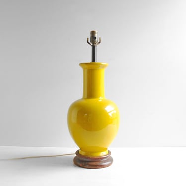 Vintage Yellow Ceramic Table Lamp with Wood Base 