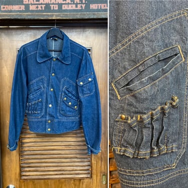 Vintage 1970’s Glam Mod Denim Snap Button Trucker Jacket, Great Details, Crazy Pockets, 70’s Vintage Clothing 