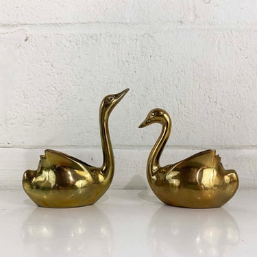 Vintage Brass Swan Figurines Set of 2 Pair Mid-Century Hollywood Regency Decor Planters Dish 1970s 