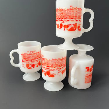 MCM 70s Vintage Mugs Garland Junior College Milk Glass White and Orange Set of 4 