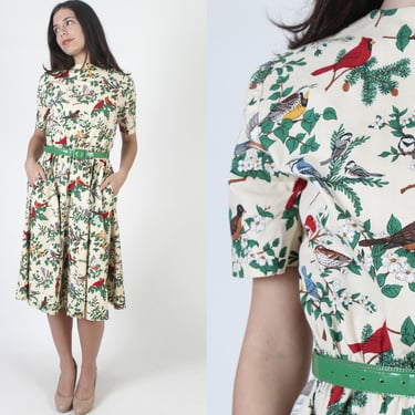 All Over Print Birds Holiday Party Dress, Nature Scene Floral Frock With Pockets, Vintage 70s Red Robin Watcher Midi Secretary Outfit 